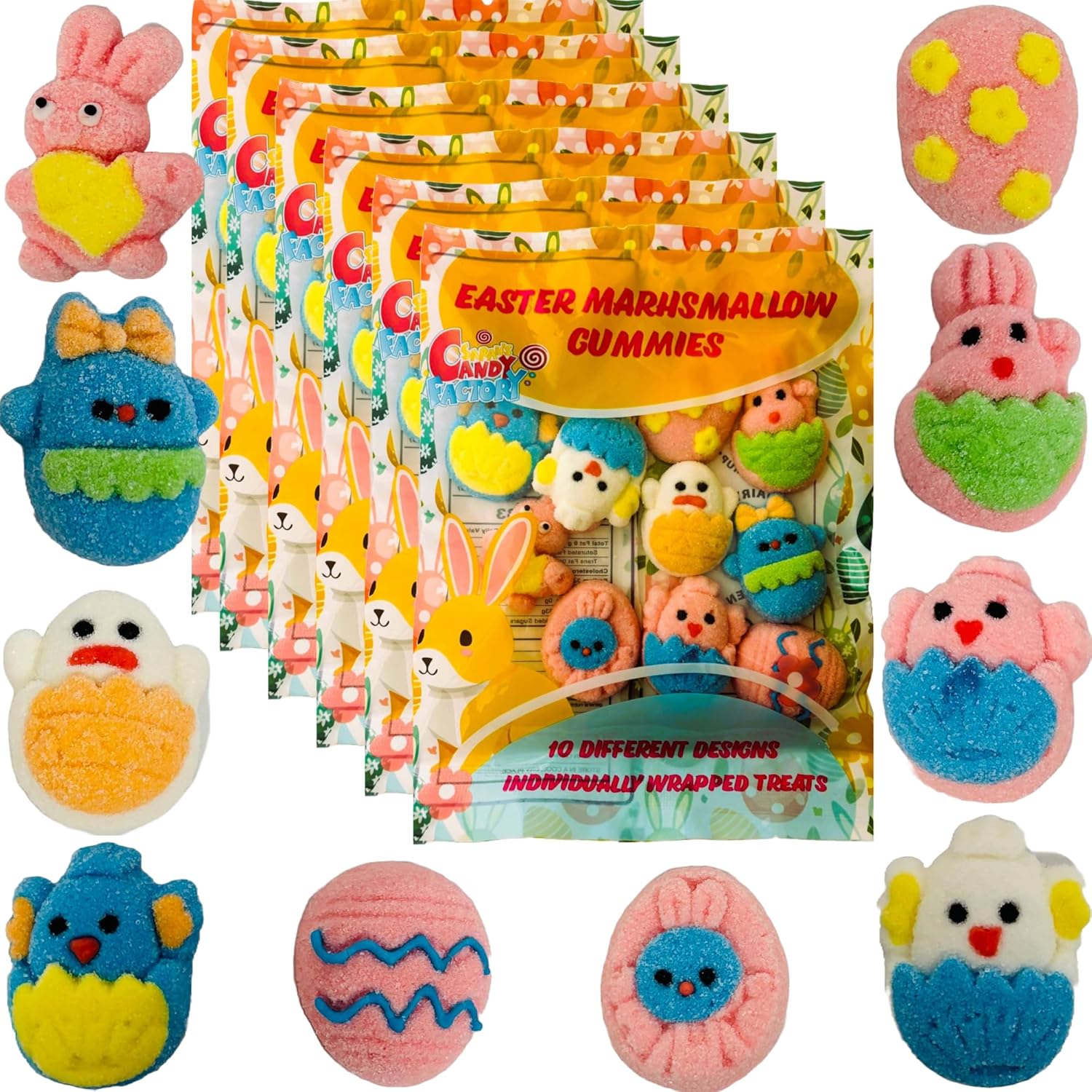 Sarah's Candy Factory Easter Marshmallow Gummies - 10 Fun Designs, 6-Pack, Total 60 Individually Wrapped Gummies - Gluten-Free & Dairy-Free, Perfect for Egg Hunts