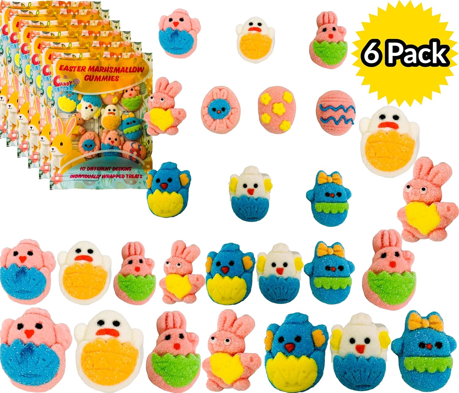 Sarah's Candy Factory Easter Marshmallow Gummies - 10 Fun Designs, 6-Pack, Total 60 Individually Wrapped Gummies - Gluten-Free & Dairy-Free, Perfect for Egg Hunts