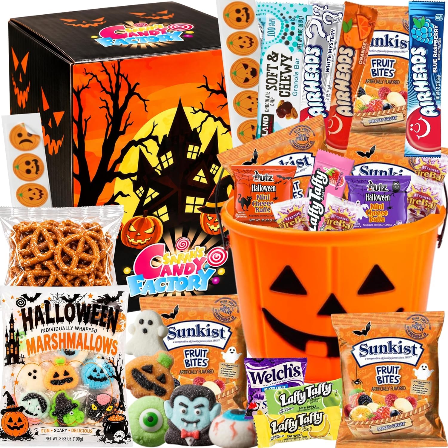 Sarah's Candy Factory Halloween Assorted Pumpkin Bucket, 50 Count