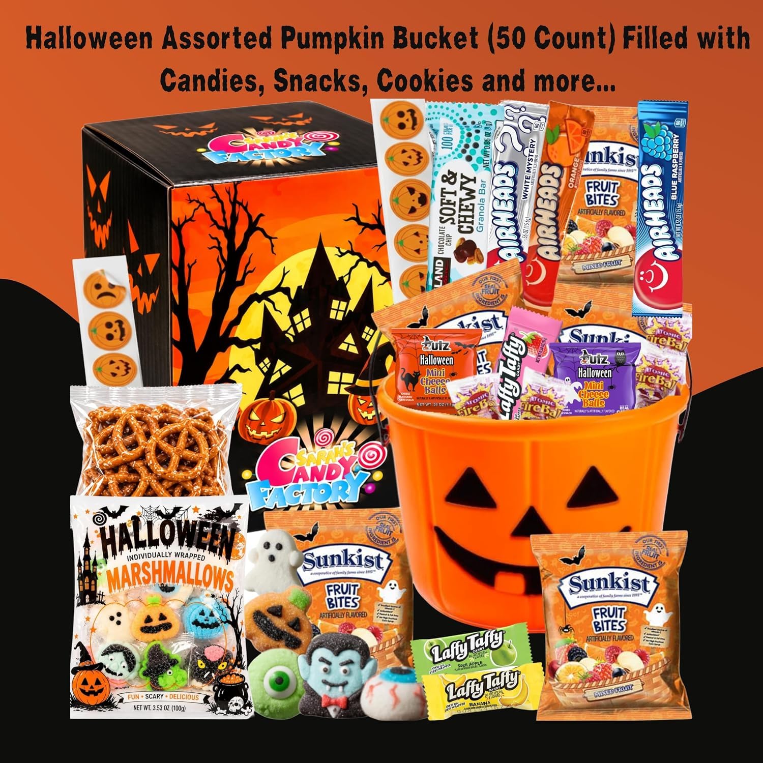 Sarah's Candy Factory Halloween Assorted Pumpkin Bucket, 50 Count