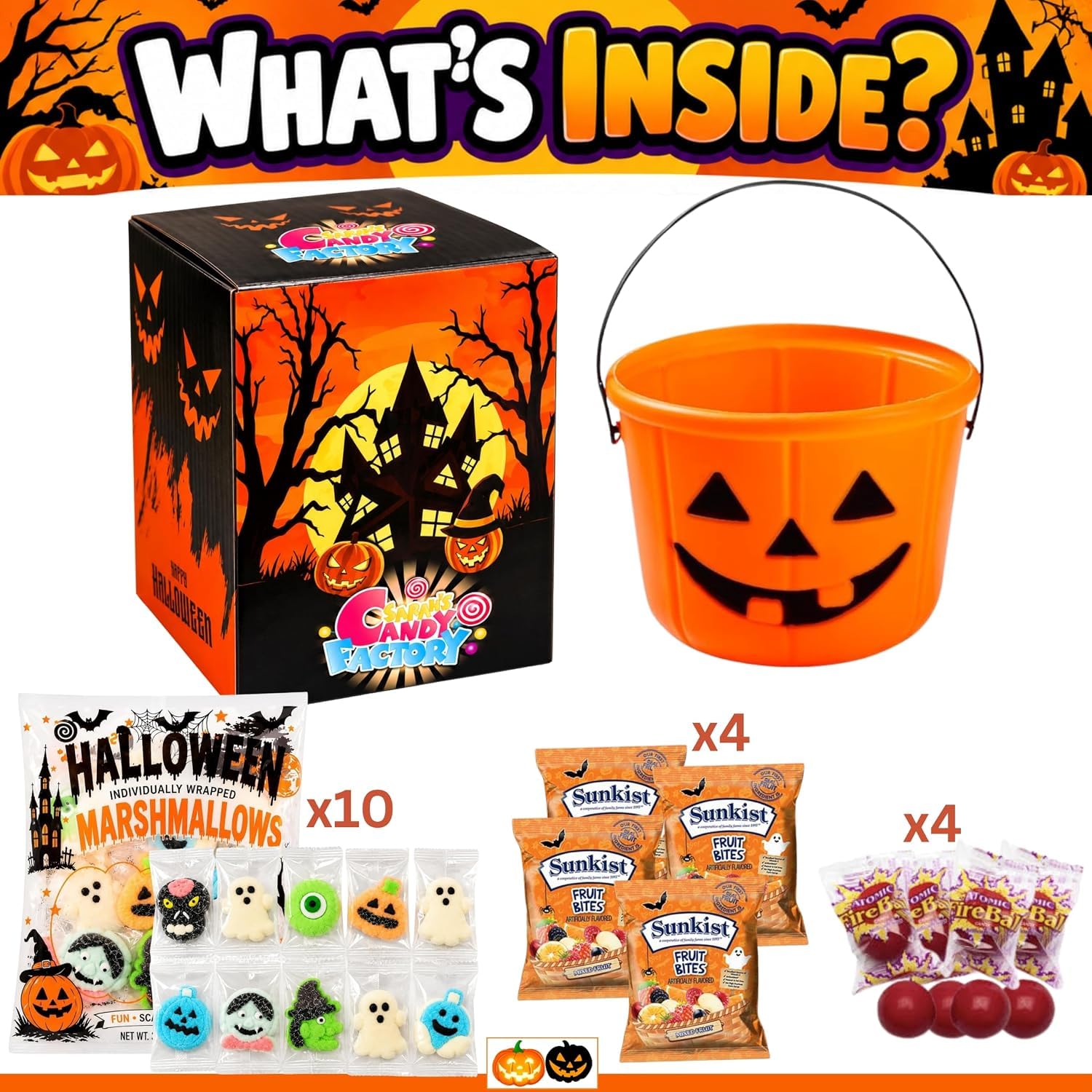 Sarah's Candy Factory Halloween Assorted Pumpkin Bucket, 50 Count