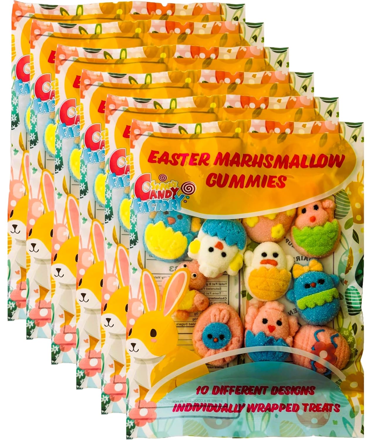 Sarah's Candy Factory Easter Marshmallow Gummies - 10 Fun Designs, 6-Pack, Total 60 Individually Wrapped Gummies - Gluten-Free & Dairy-Free, Perfect for Egg Hunts