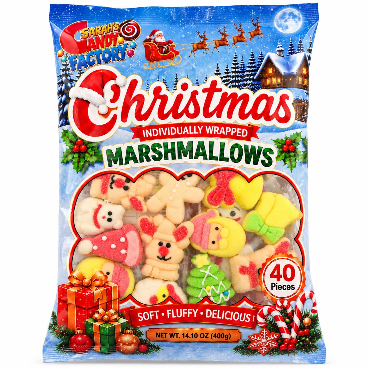 Christmas Vanilla Marshmallows, 40 Individually Wrapped, 14 oz Bag — Sarah's Candy Factory