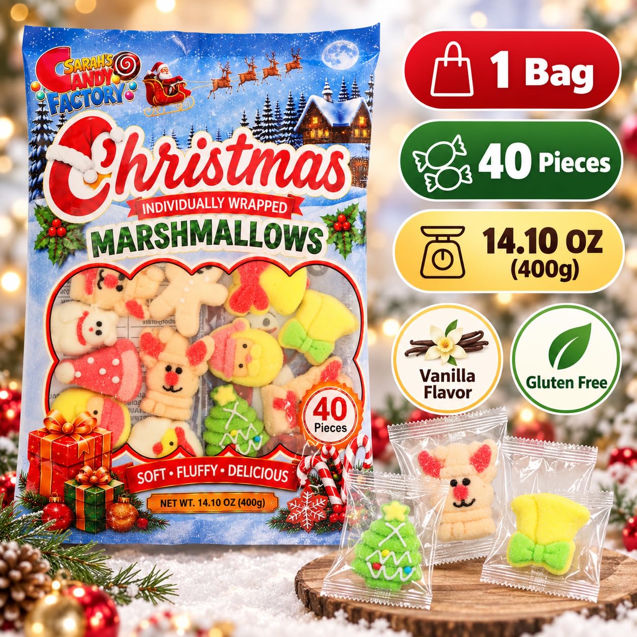 Christmas Vanilla Marshmallows, 40 Individually Wrapped, 14 oz Bag — Sarah's Candy Factory