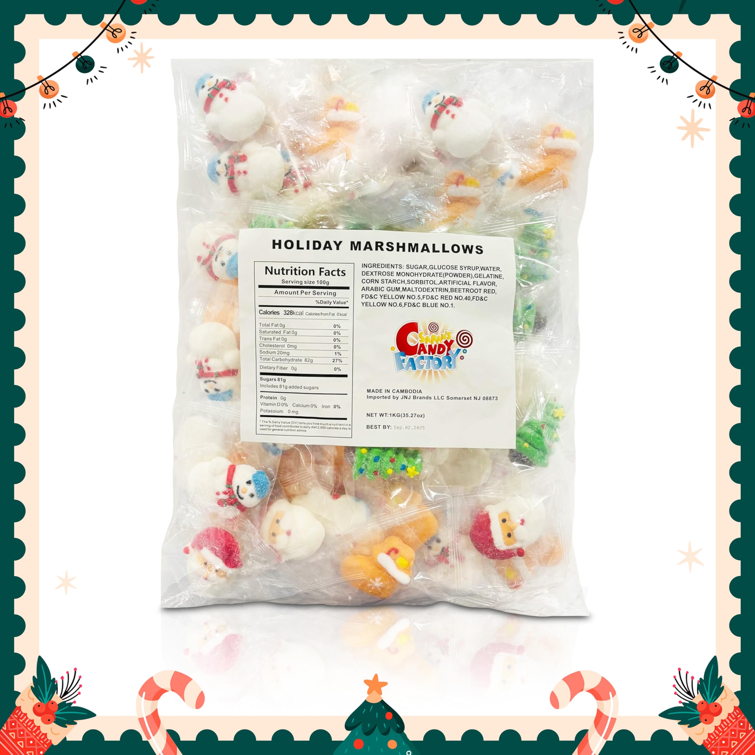 Christmas Theme Marshmallow Candy - 2.2 Lbs, 80 Pieces, Individually Wrapped, Kosher & Halal