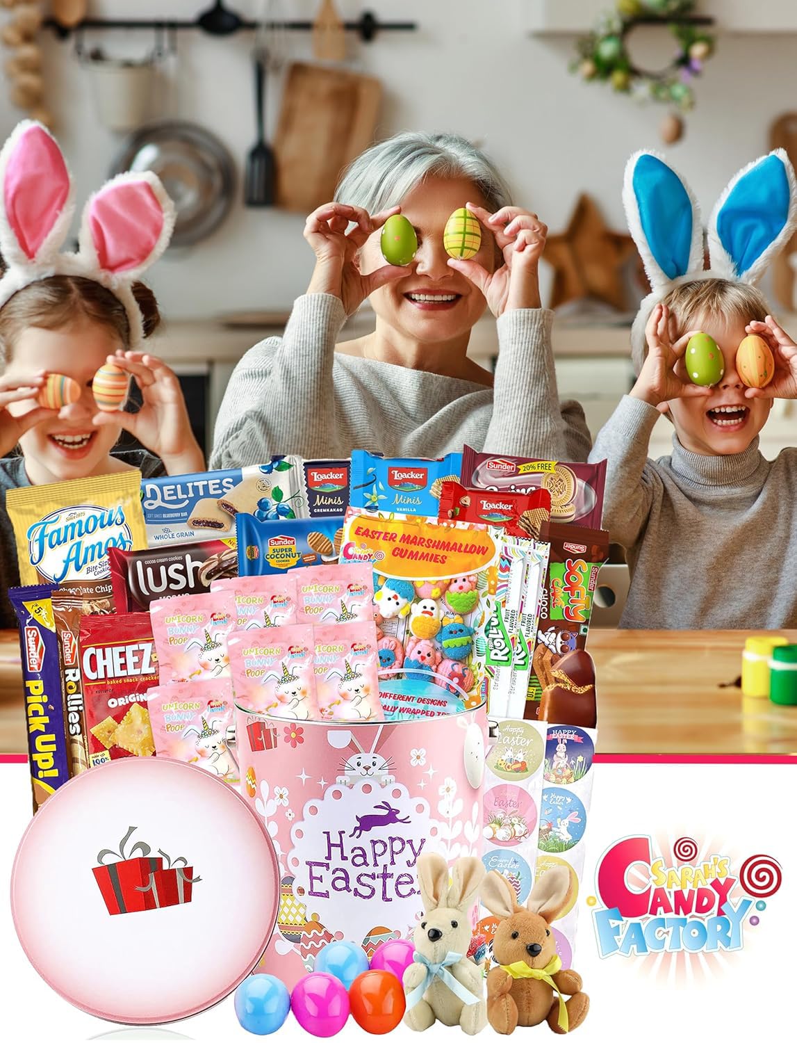 Sarah's Candy Factory Easter Snack Pink Tin Basket (46 Count) with Treats & Candy