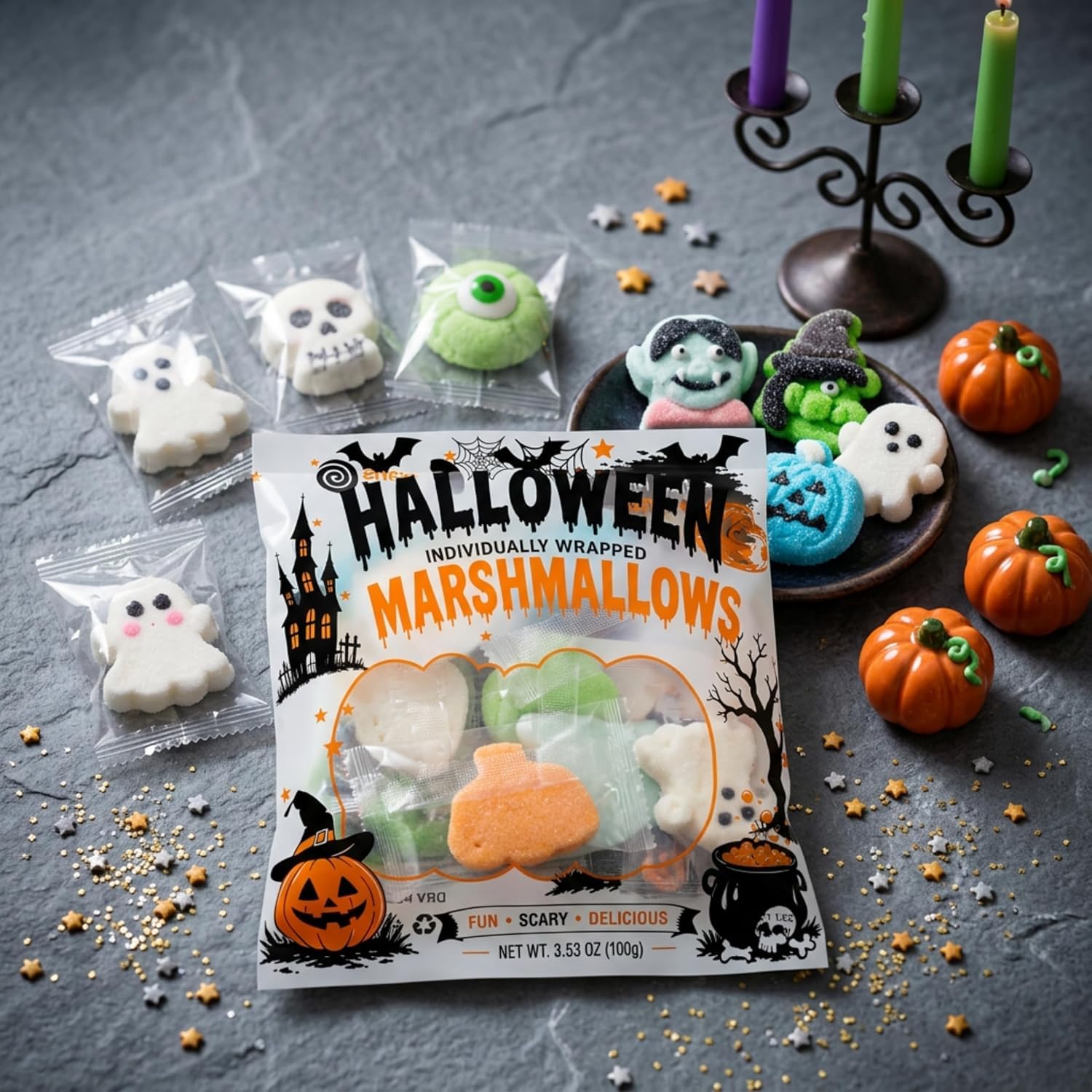 Sarah's Candy Factory Halloween Assorted Pumpkin Bucket, 50 Count