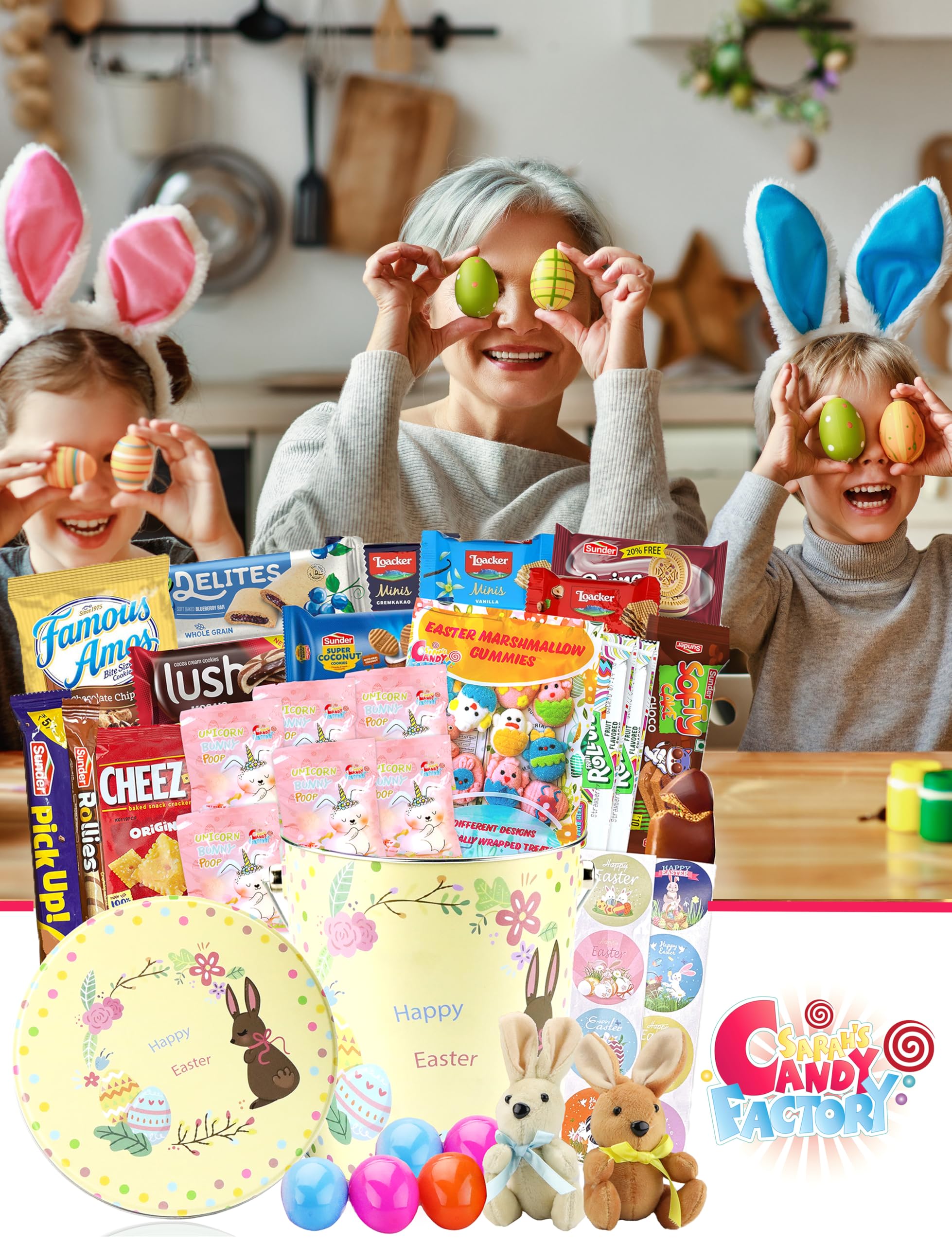 Sarah's Candy Factory Easter Snack Yellow Tin Basket - 46 Count of Treats