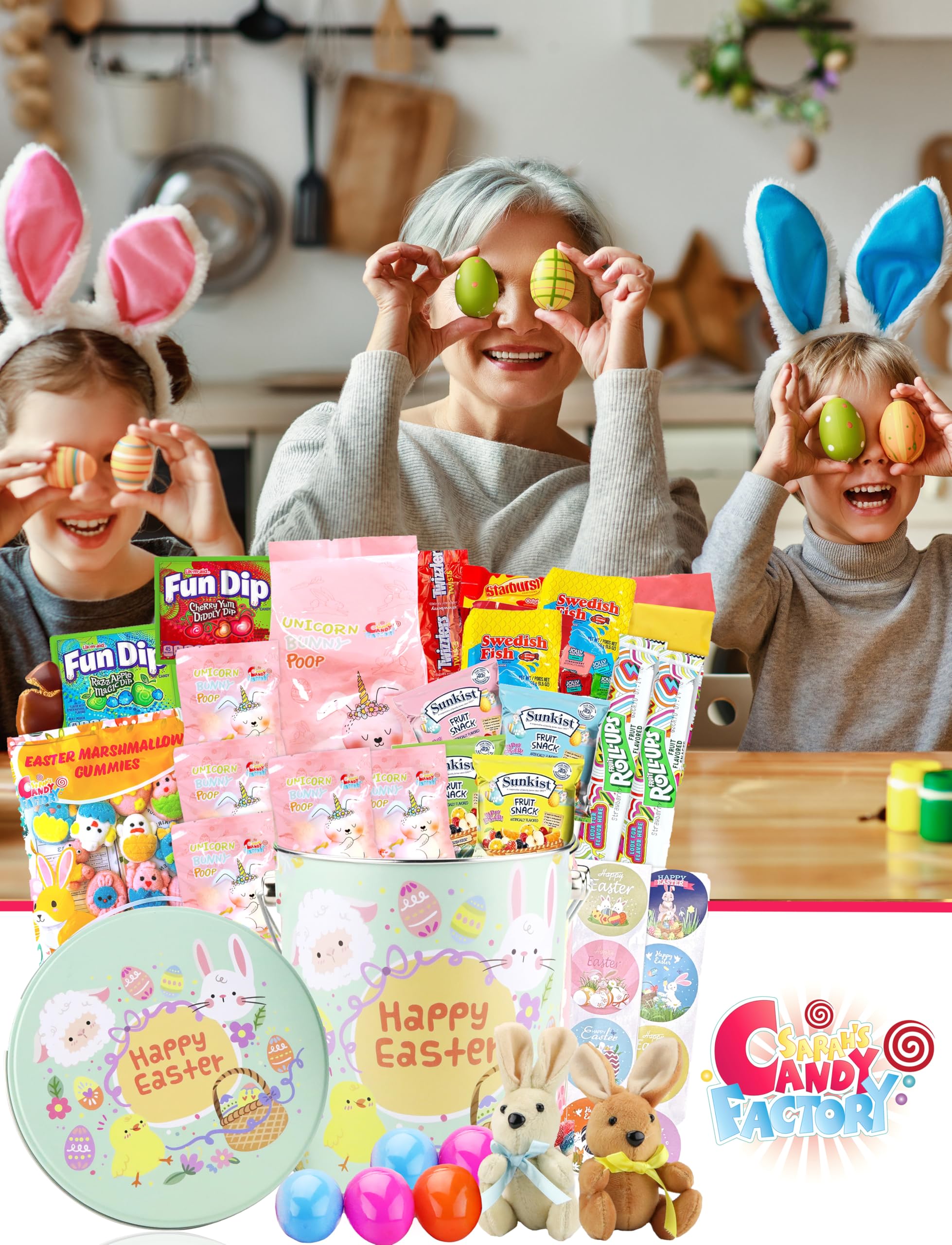 Sarah's Candy Factory Easter Snack Green Tin Basket (60 Count) with Candy