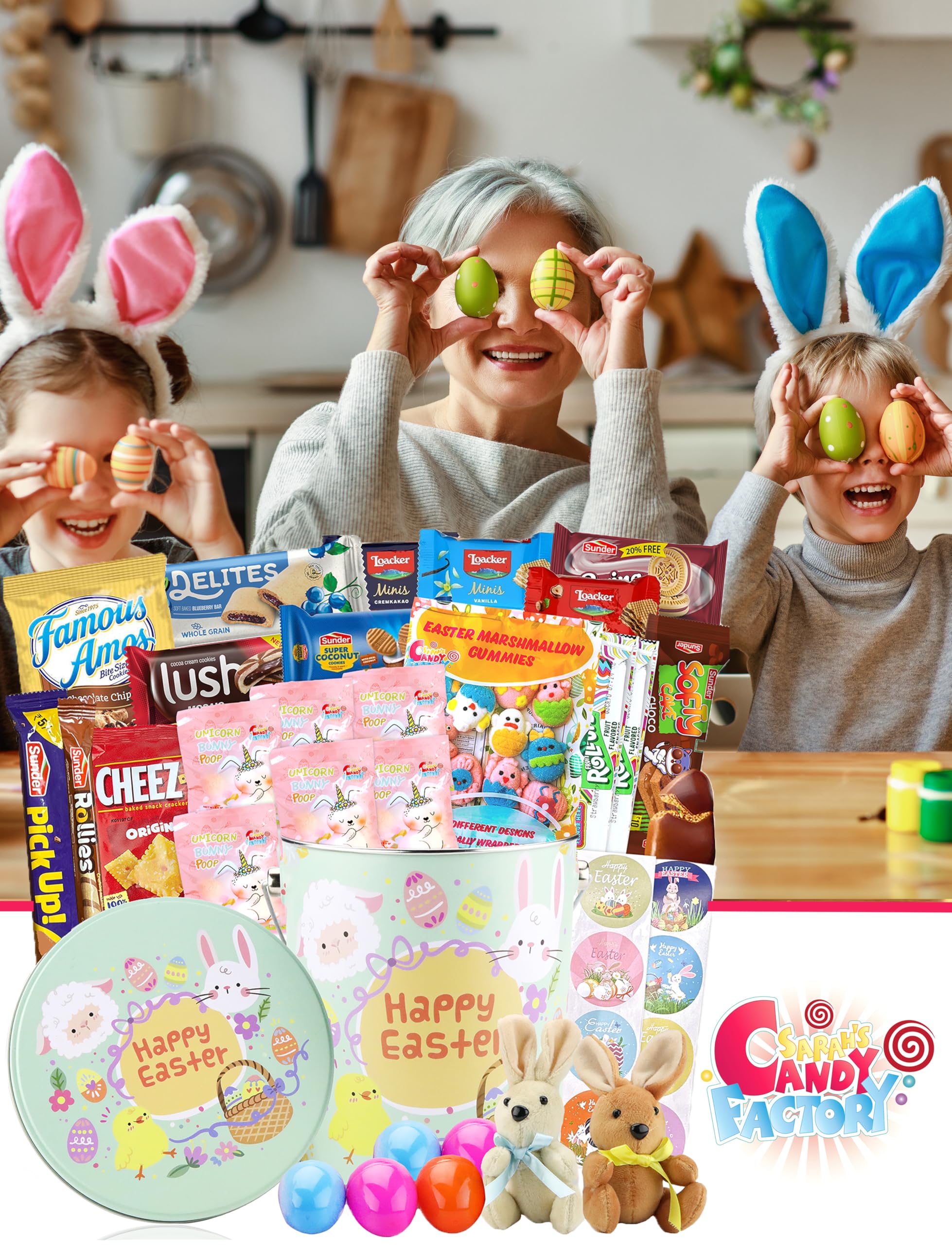 Sarah's Candy Factory Easter Snack Green Tin Basket - 46 Count Assorted Treats