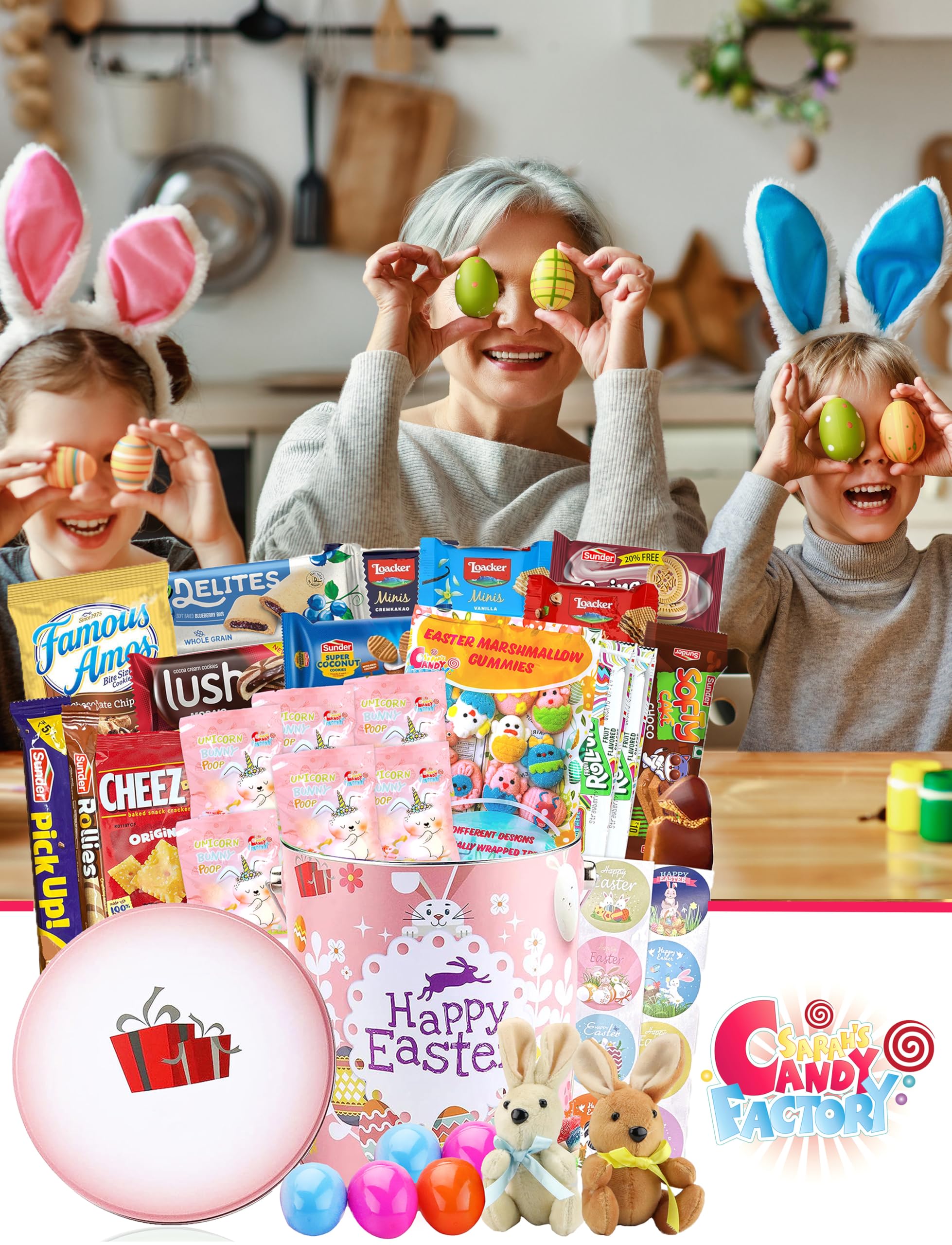 Sarah's Candy Factory Easter Snack Pink Tin Basket (48 Count) with Candy & Treats