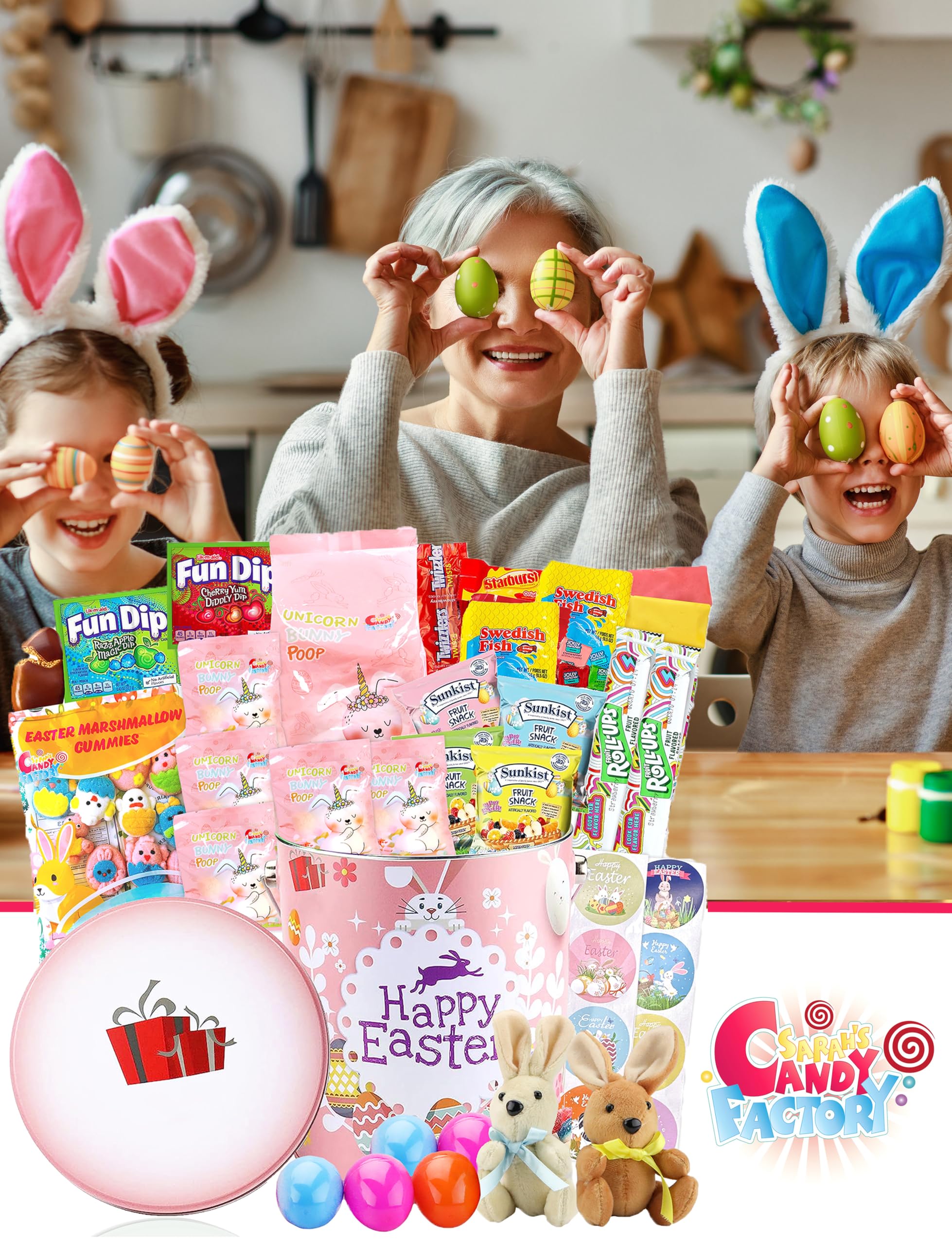 Sarah's Candy Factory Easter Snack Pink Tin Basket (60 Count) with Candy and Bunny