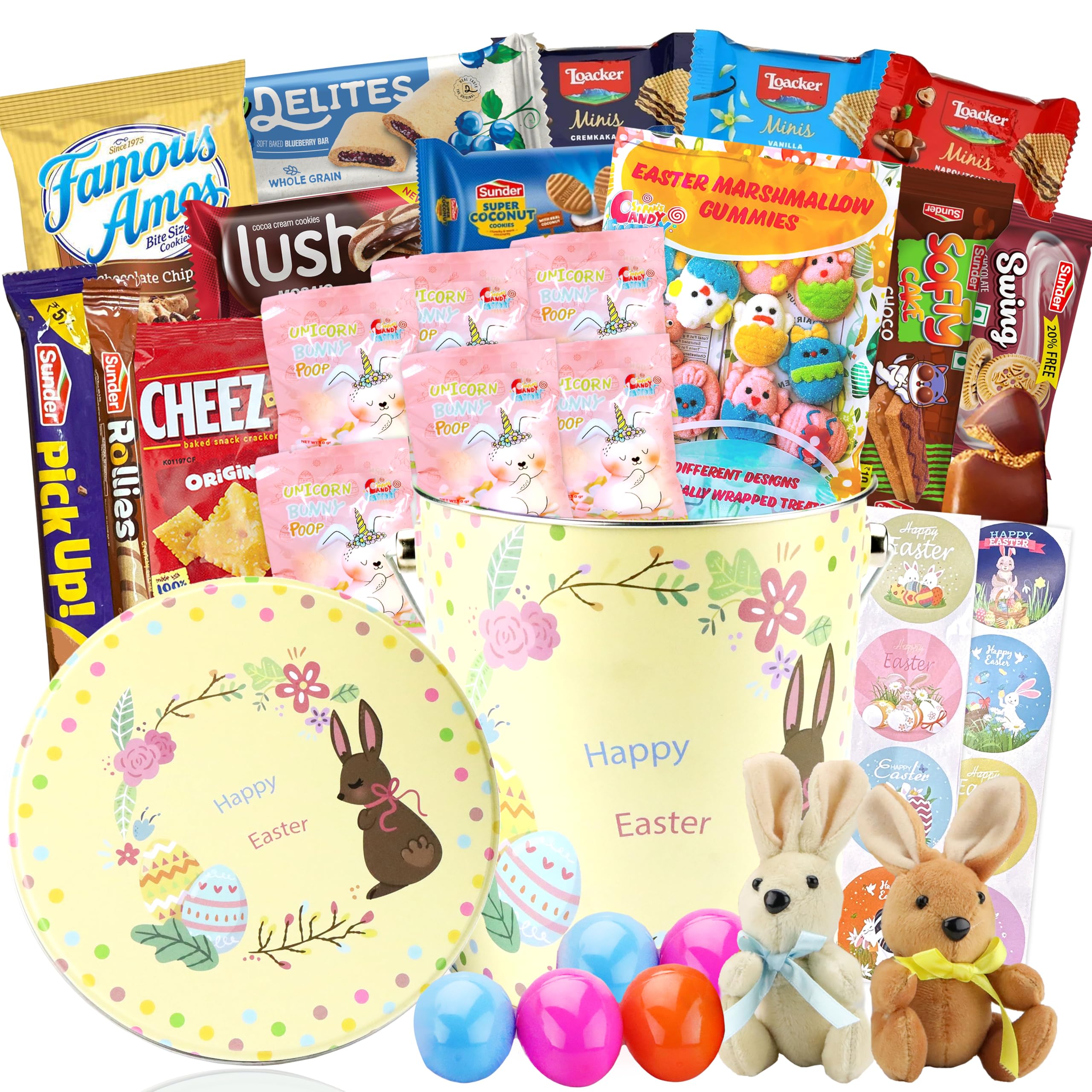 Sarah's Candy Factory Easter Snack Yellow Tin Basket - 46 Count of Treats