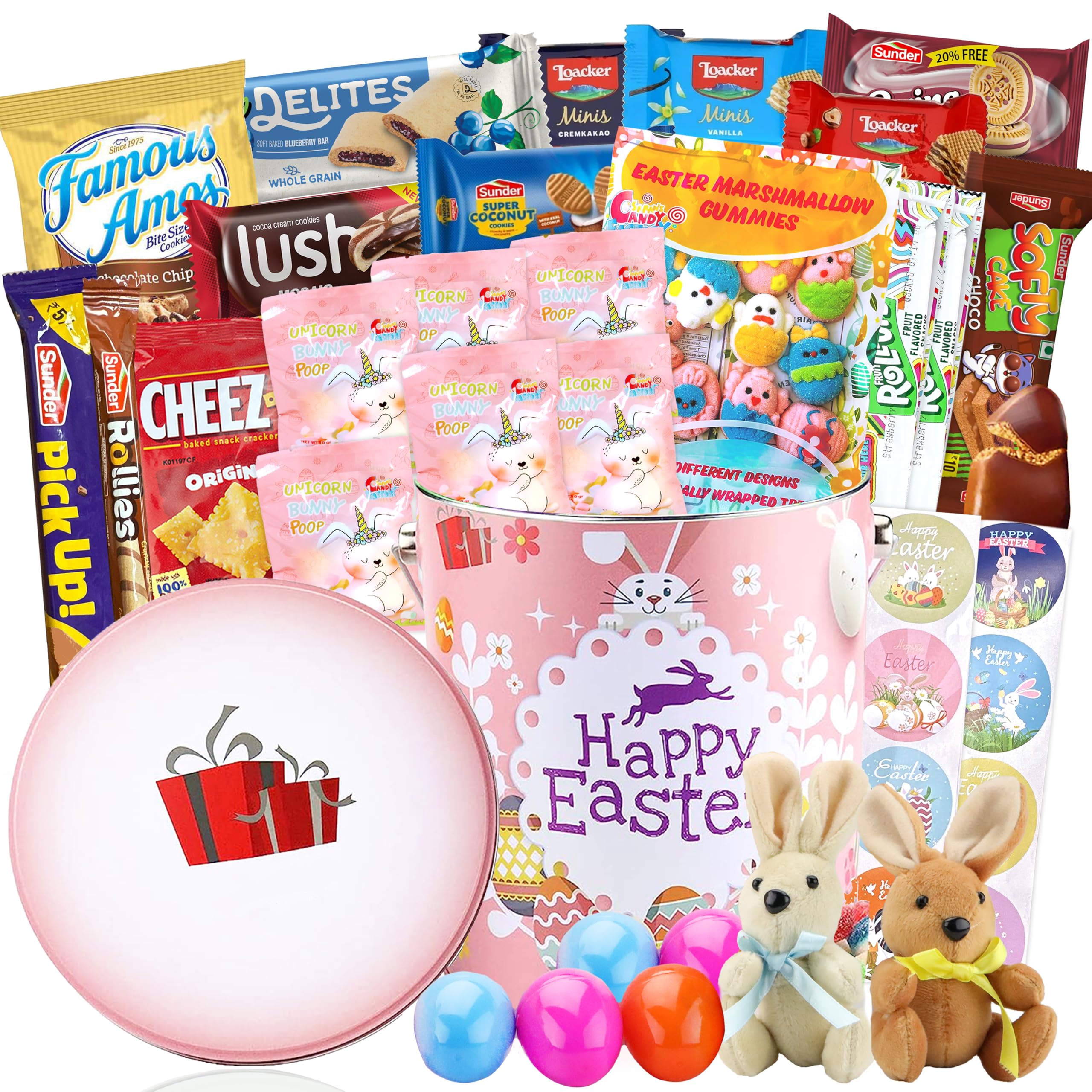 Sarah's Candy Factory Easter Snack Pink Tin Basket (46 Count) with Treats & Candy