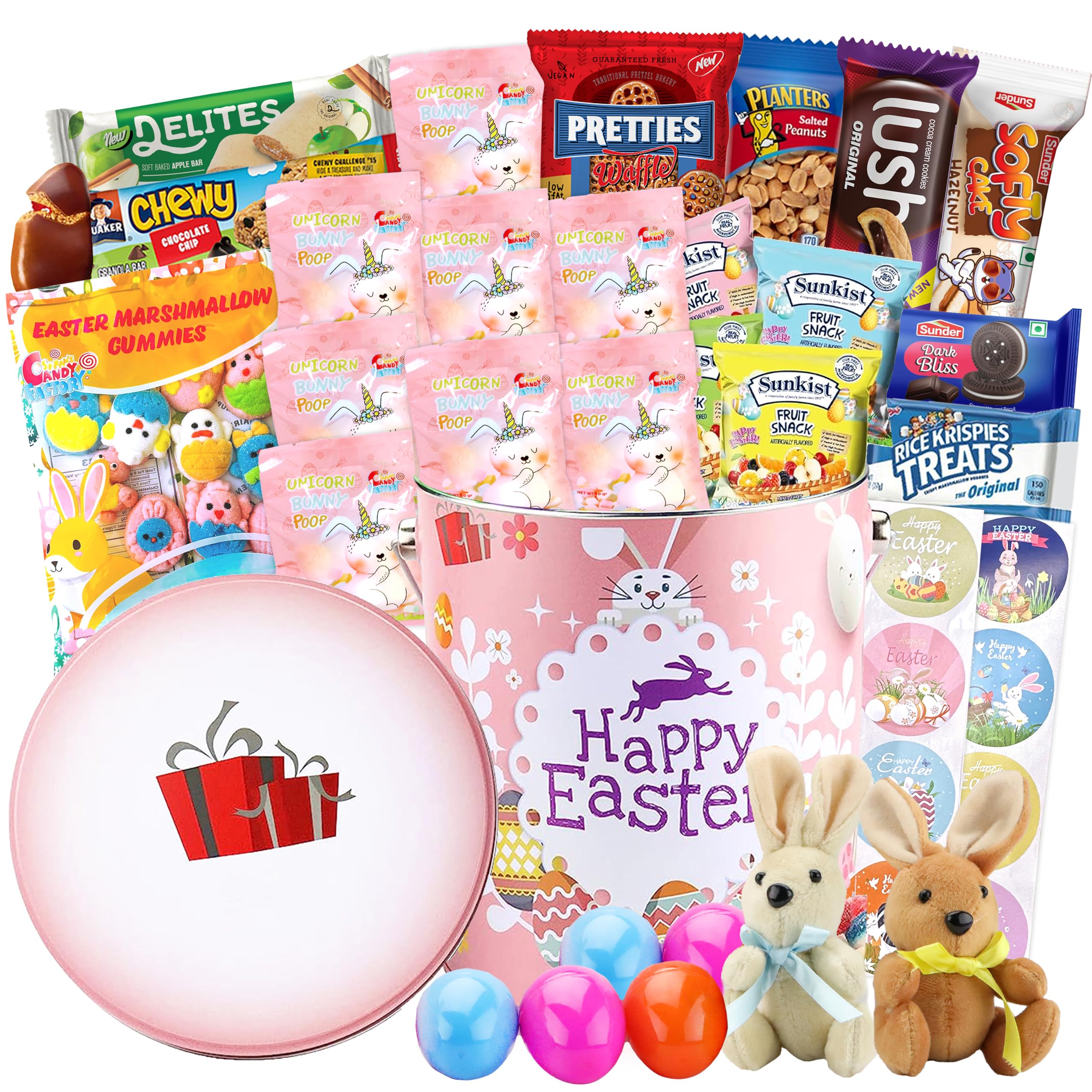 Sarah's Candy Factory Easter Snack Pink Tin Basket (48 Count) with Candy & Treats