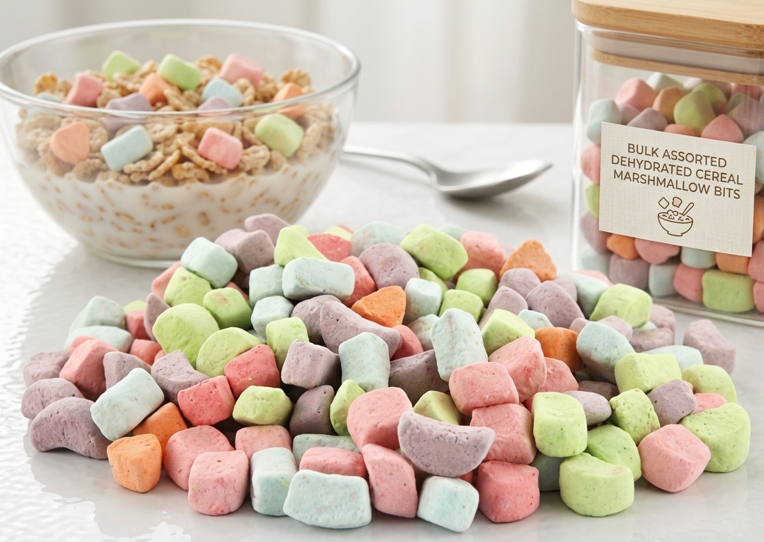 Colorful marshmallows on a table with a bowl of cereal and a jar labeled 'Bulk assorted dehydrated cereal marshmallow bits'.
